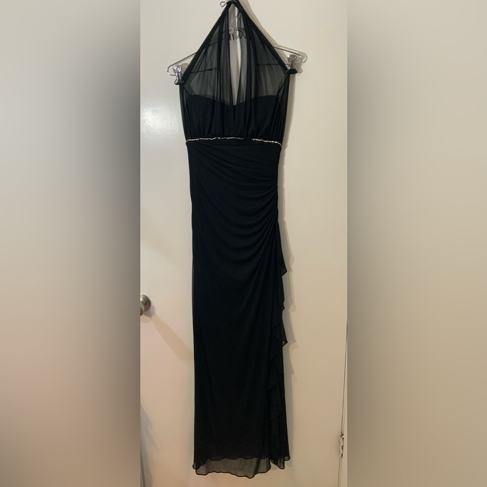 Elegant Black Halter Dress rhinestone band around front size 7 sheer overlay